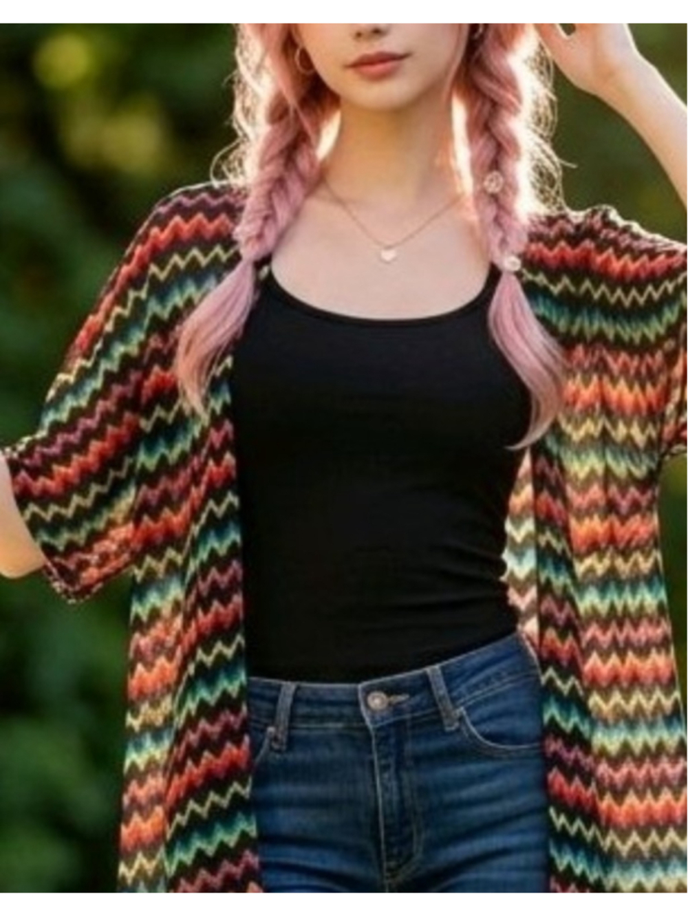 Oversized Open Neon Black Multi-color Chevron Sheer Chiffon High Low Kimono S